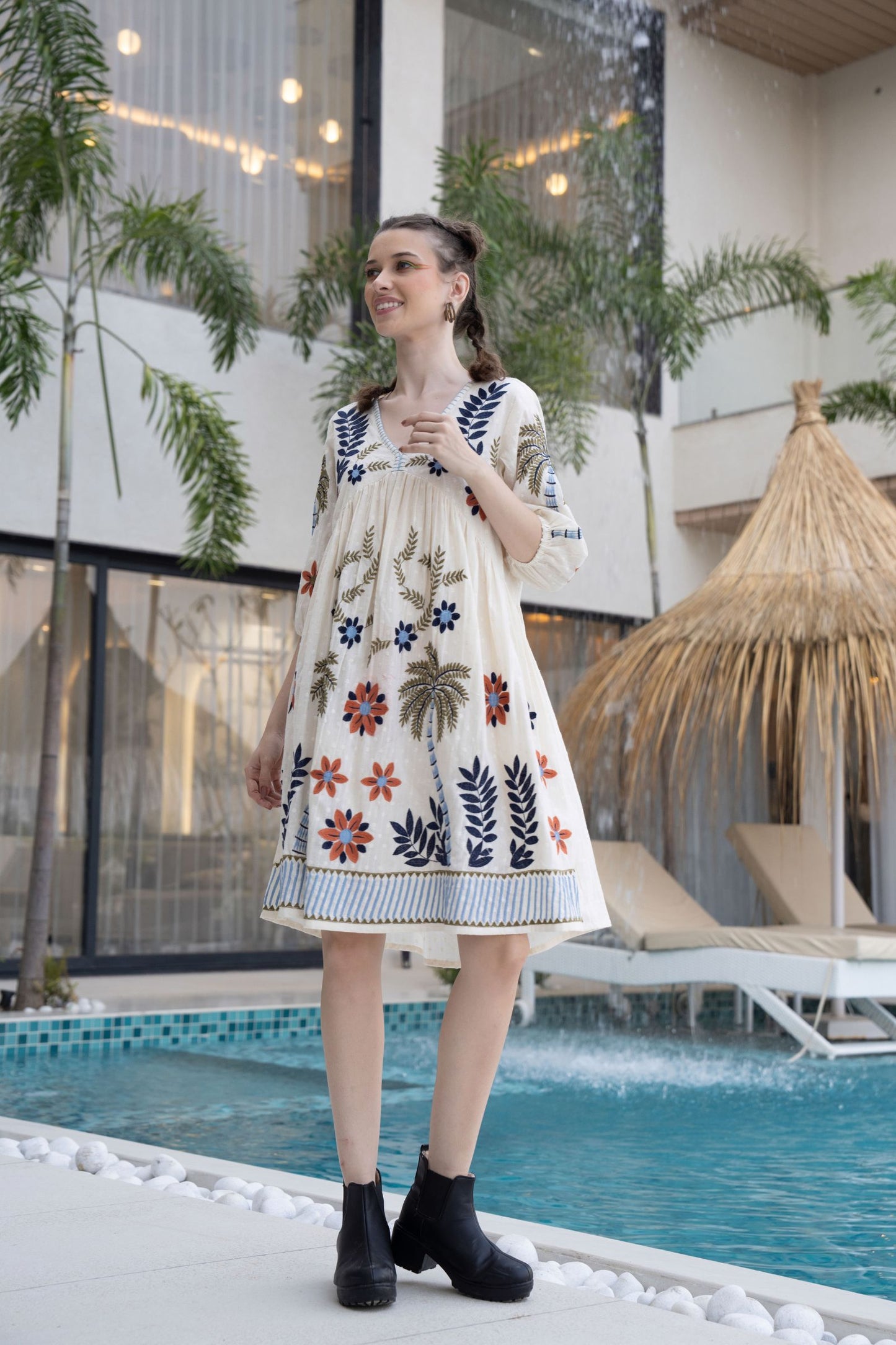 Women's White Boho Embroidered Short Dress | V-Neck Flared Tunic