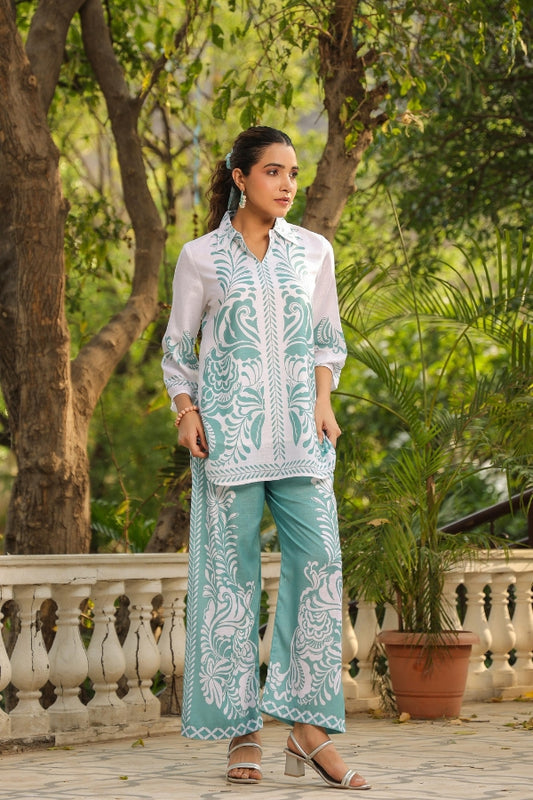 Light Green & White Ethnic Print Co-Ord Set for Women