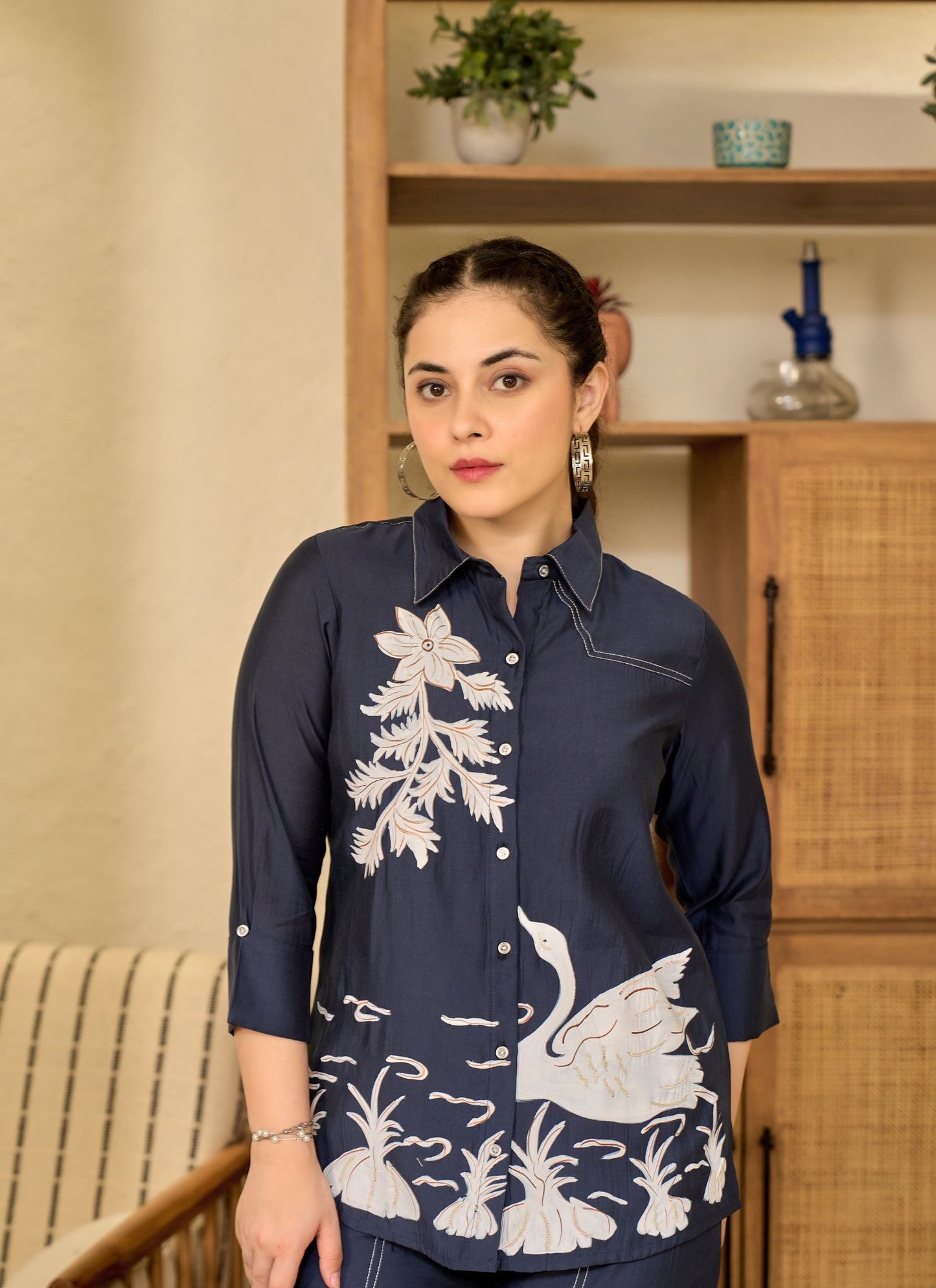 Elegant Floral Embroidered Blue Tunic with Matching Pants