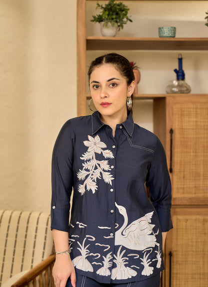 Elegant Floral Embroidered Blue Tunic with Matching Pants