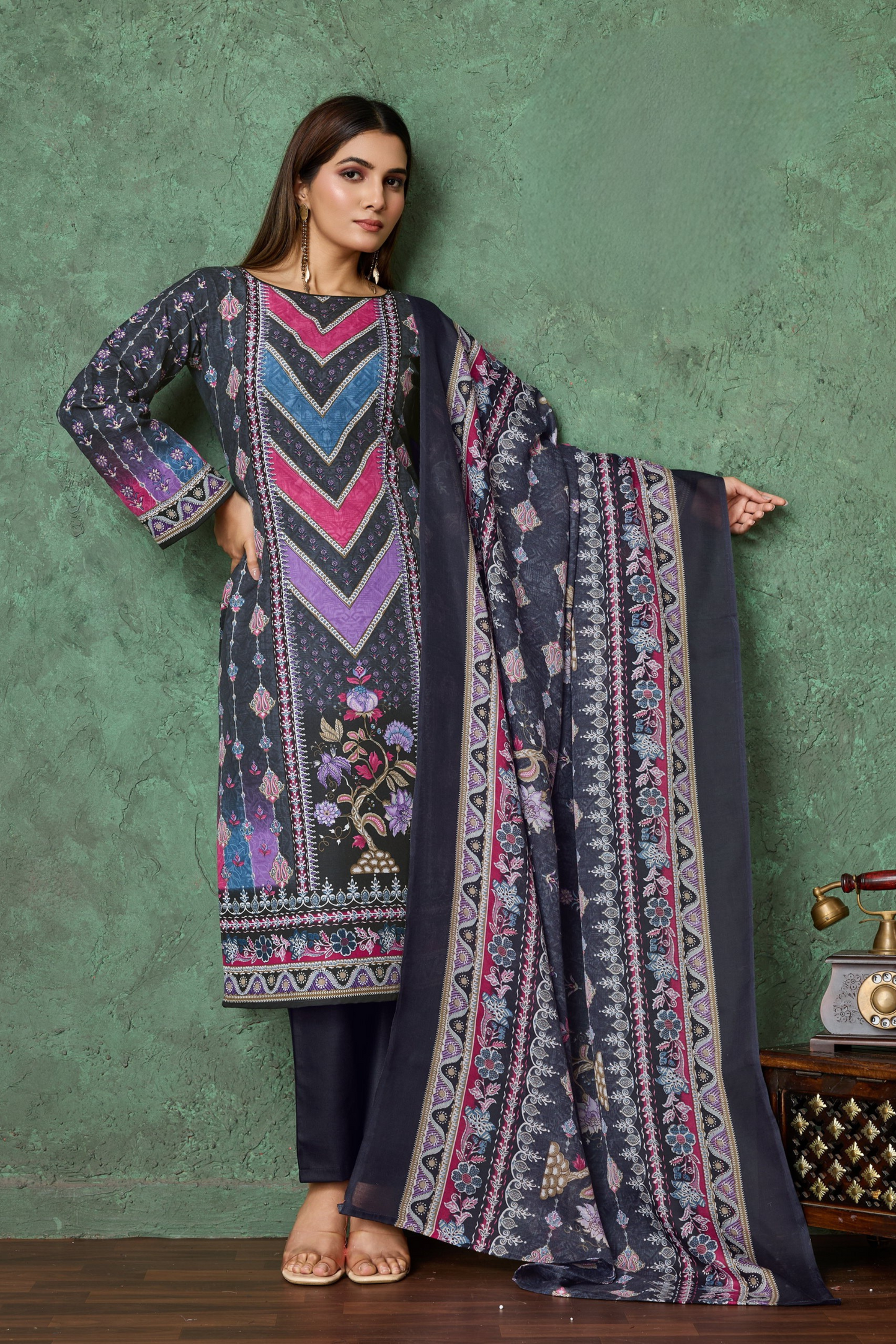 Noor Jahan Black Unstitched Salwar Suit Material