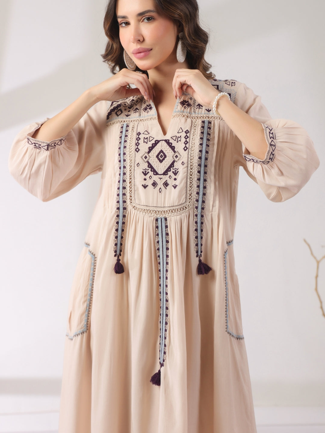 🤍 Elegant White Hand-Embroidered Midi Dress