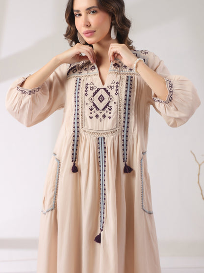🤍 Elegant White Hand-Embroidered Midi Dress