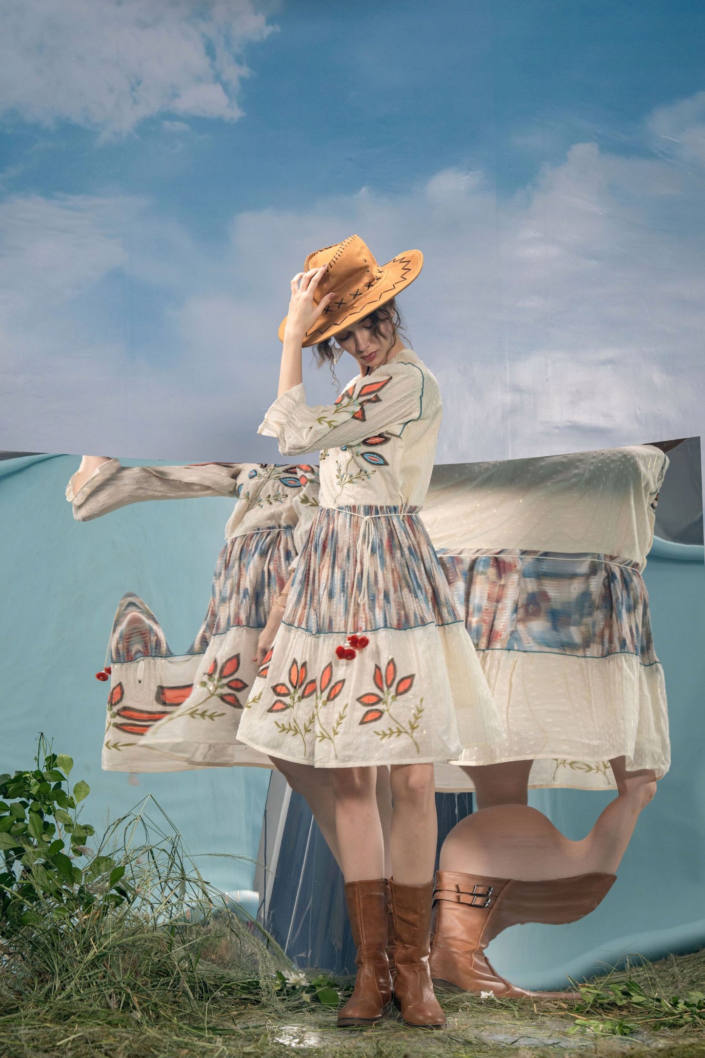 Women's Bohemian Cream Embroidered Flared Dress | V-Neck A-Line Tunic