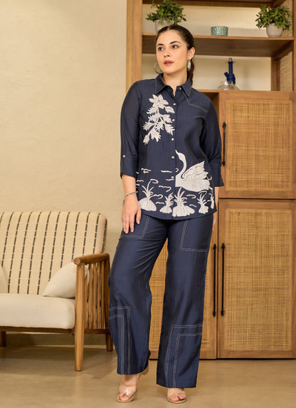 Elegant Floral Embroidered Blue Tunic with Matching Pants