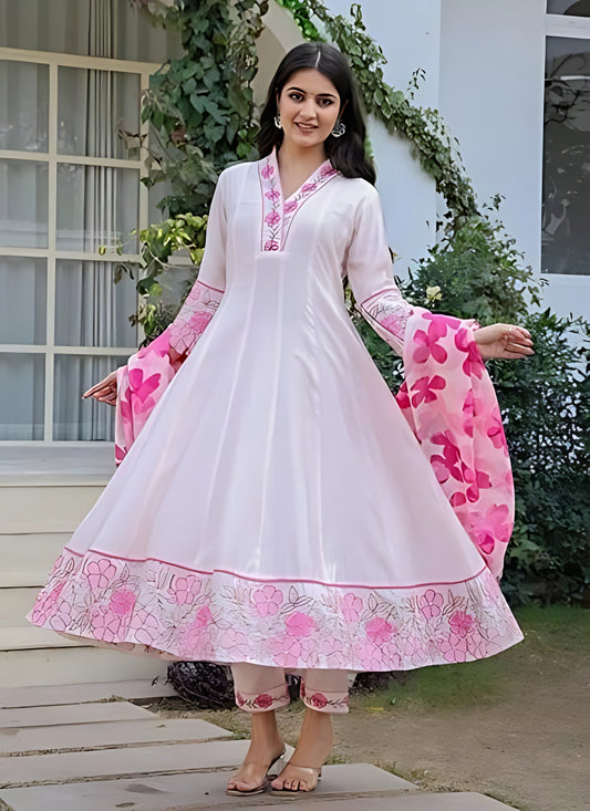 Women’s Cotton Light Pink Embroidery Anarkali Kurta Set with Printed Dupatta