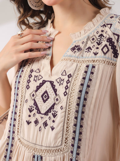 🤍 Elegant White Hand-Embroidered Midi Dress
