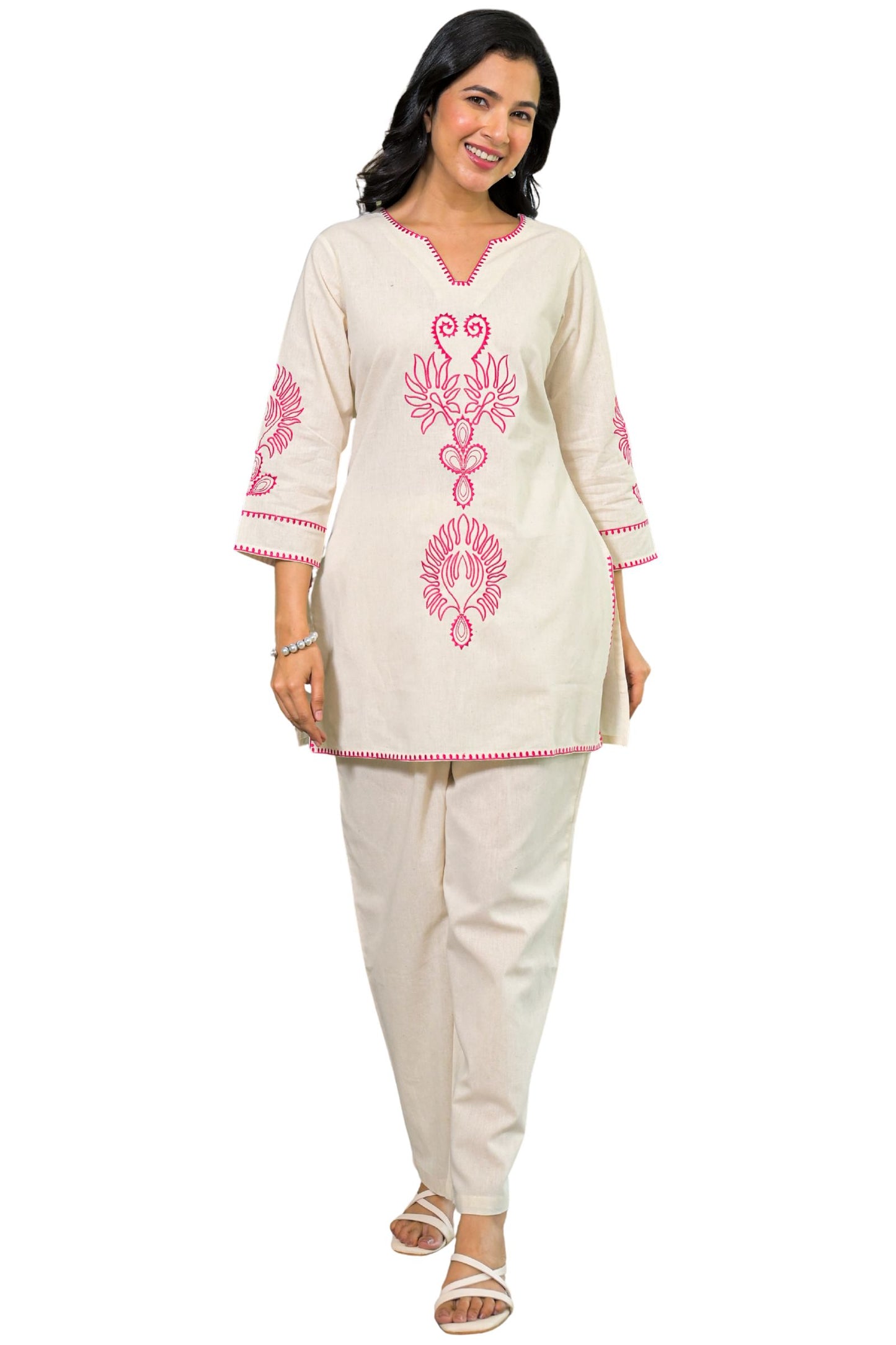 Women’s Cream Pure Cotton Embroidered Co-ord Set – Stylish Ethnic and Casual Wear Outfit