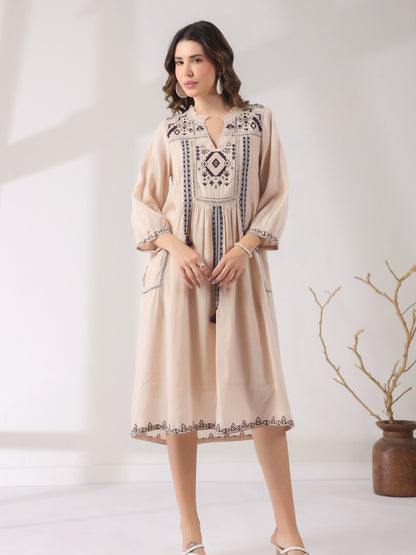 🤍 Elegant White Hand-Embroidered Midi Dress