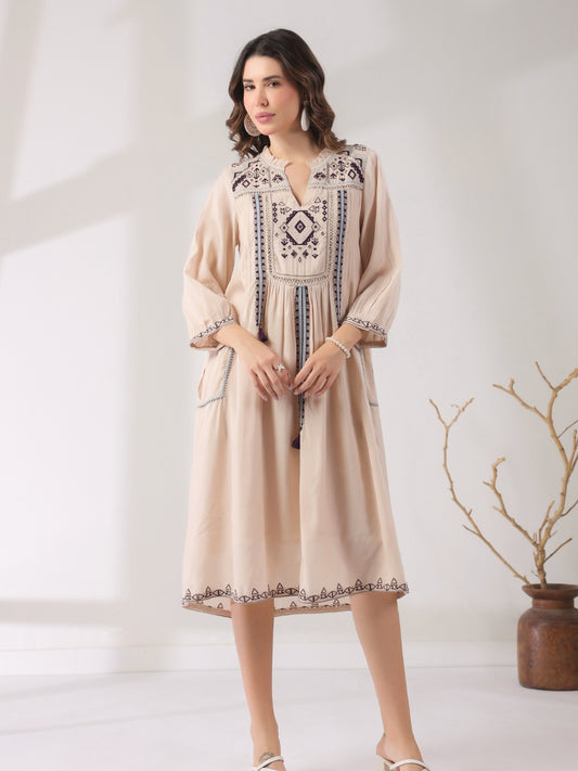 🤍 Elegant White Hand-Embroidered Midi Dress