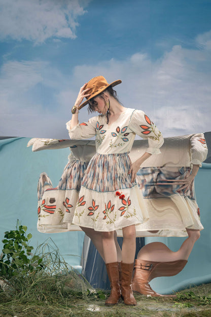 Women's Bohemian Cream Embroidered Flared Dress | V-Neck A-Line Tunic