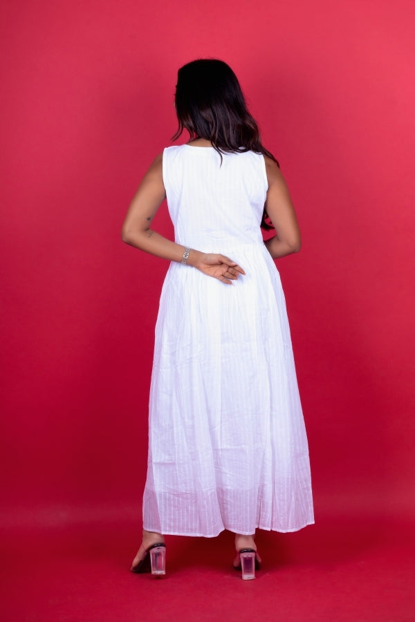 👗 Elegant White & Light Purple Embroidered Midi Dress Festive & Casual Wear 🌸