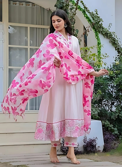 Women’s Cotton Light Pink Embroidery Anarkali Kurta Set with Printed Dupatta