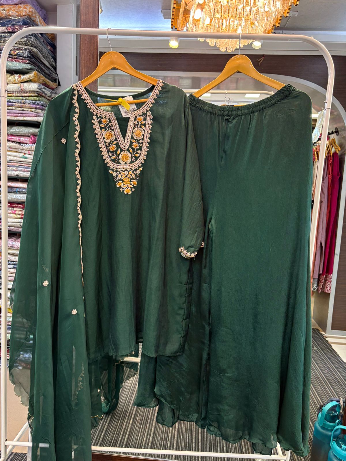 Herry Green Maslin Cotton Indo-Western Suit Set With Neck Floral Hand-Work