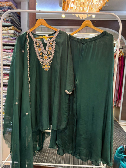 Herry Green Maslin Cotton Indo-Western Suit Set With Neck Floral Hand-Work