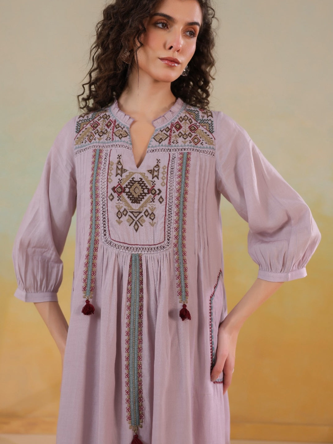 🌸 Elegant Pink Hand-Embroidered Midi Dress