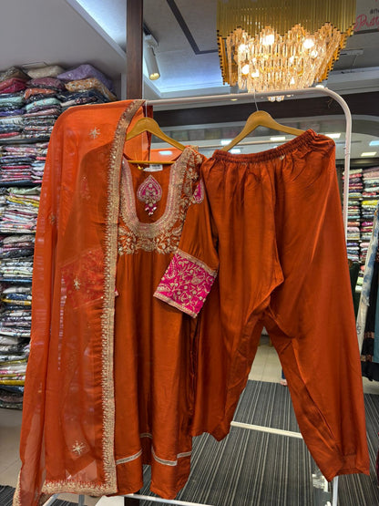 Rukmani Rust Suit Set With Heavy Neck Hand-Work