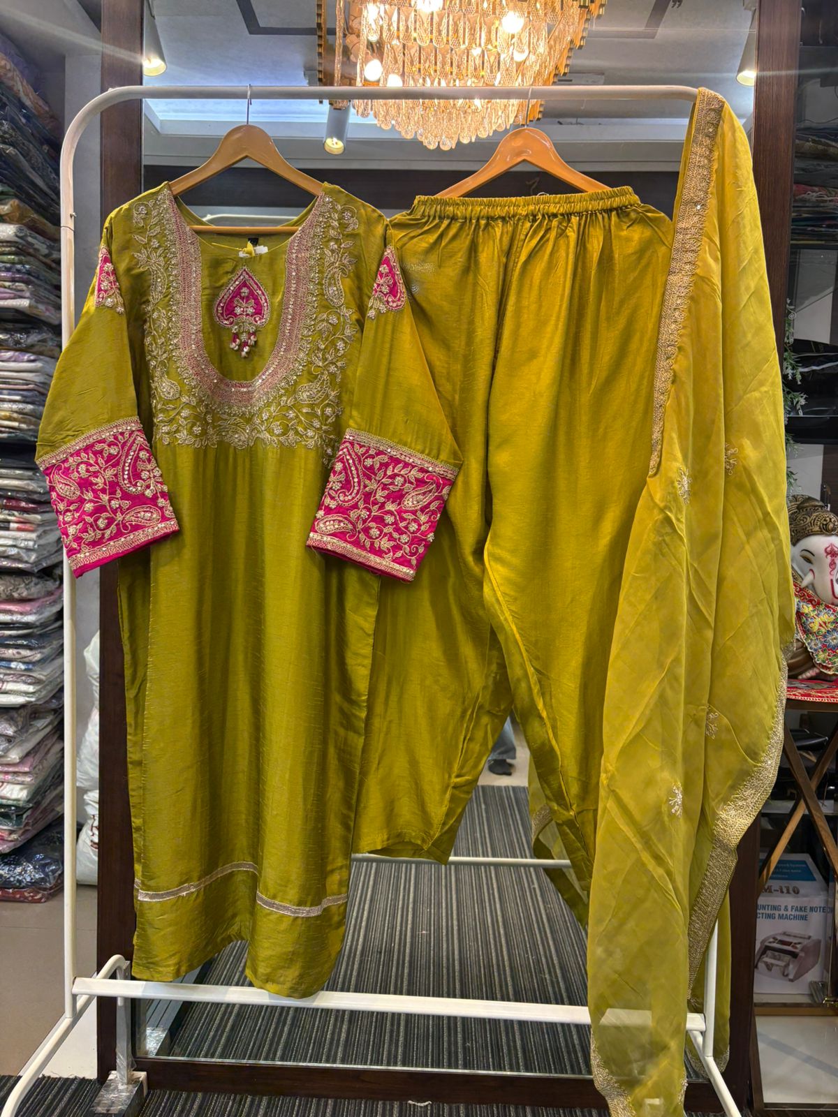 Rukmani Mehndi Suit Set With Neck Heavy Hand-Work