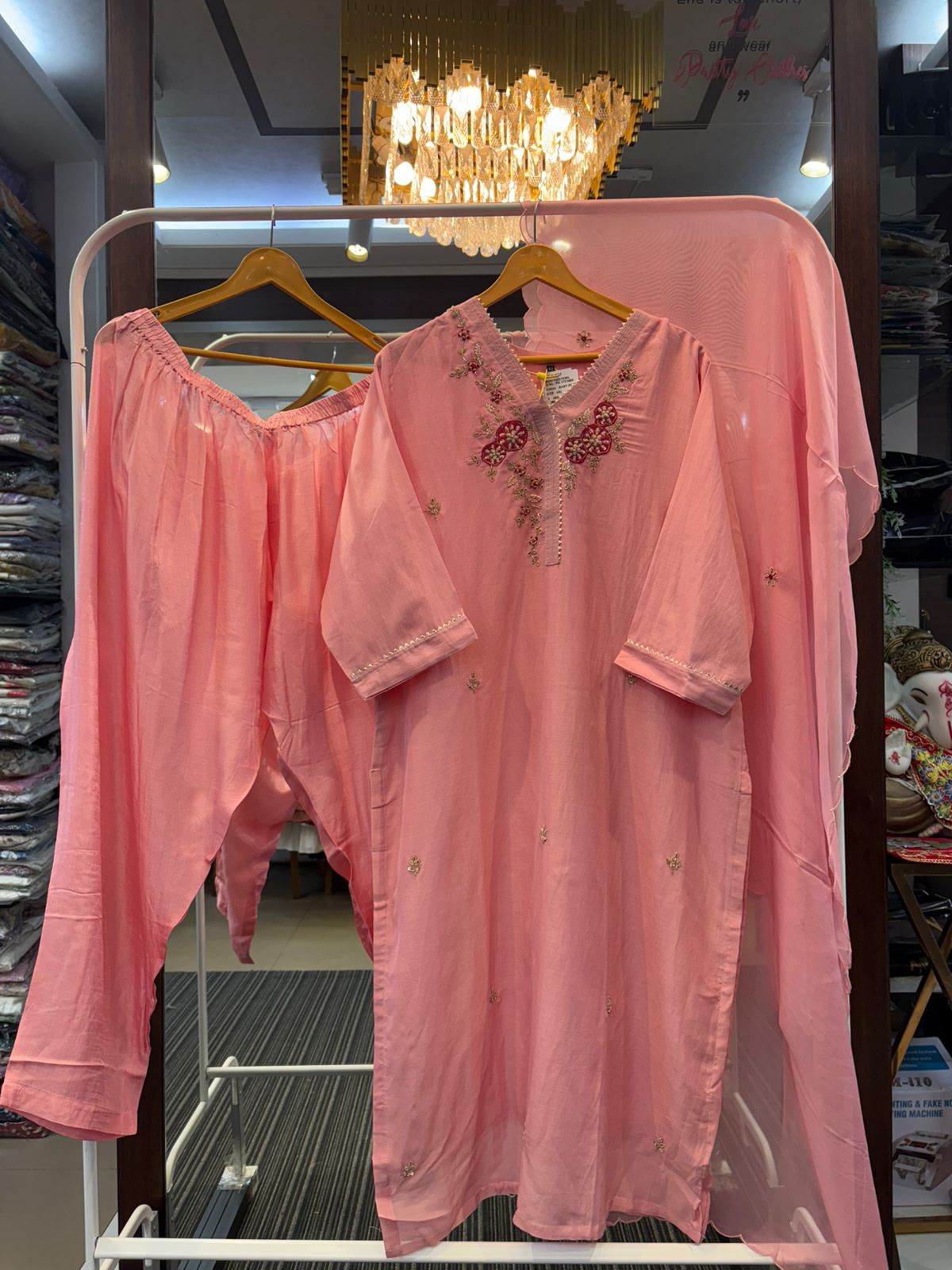 Hashmukhi Pink Indo Suit Set NEck Work Muslin Fabric