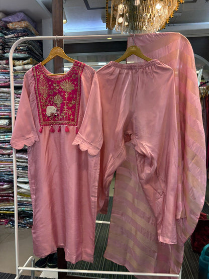 Rainbow Muslin Indo Suit Set Neck Hand-Work Floral