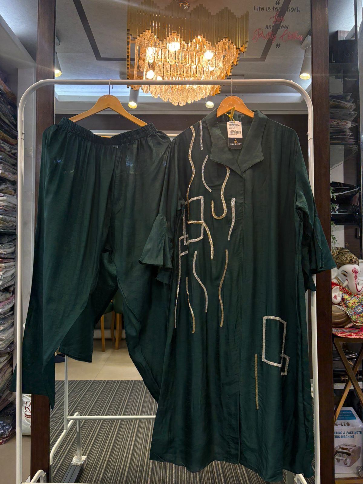 Srinshu Dark Green Indo-Western Suit Set WIth Embroidery Work