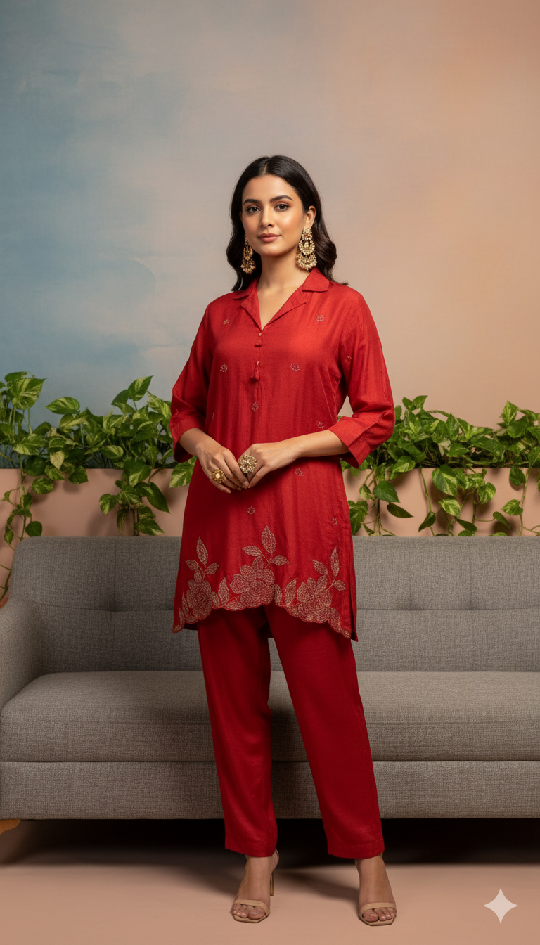 ✨ Elegant Maroon Kurti Pant Set | Embroidered Detailing | Festive & Casual Wea