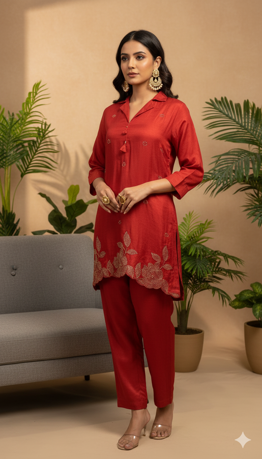 ✨ Elegant Maroon Kurti Pant Set | Embroidered Detailing | Festive & Casual Wea
