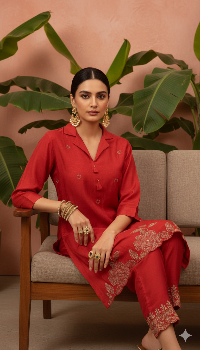 ✨ Elegant Maroon Kurti Pant Set | Embroidered Detailing | Festive & Casual Wea