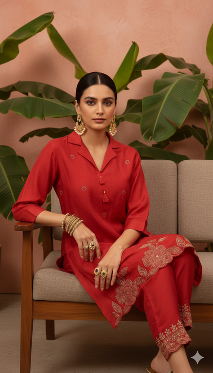✨ Elegant Maroon Kurti Pant Set | Embroidered Detailing | Festive & Casual Wea