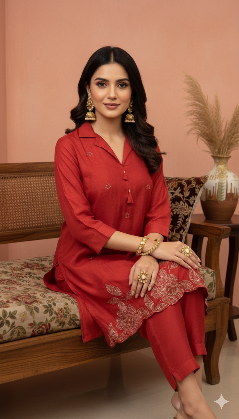 ✨ Elegant Maroon Kurti Pant Set | Embroidered Detailing | Festive & Casual Wea
