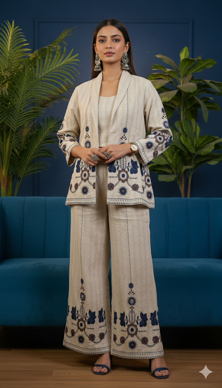 ✨ Elegant Beige 3-Piece Co-ord Set | Embroidered Jacket, Crop Top & Pants | Contemporary Ethnic Fusion