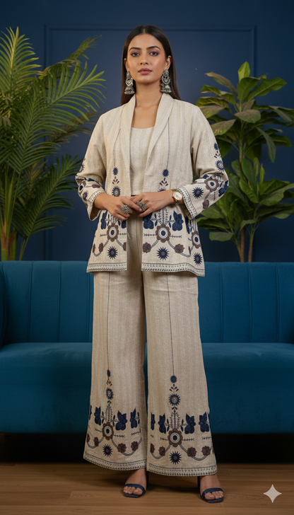 ✨ Elegant Beige 3-Piece Co-ord Set | Embroidered Jacket, Crop Top & Pants | Contemporary Ethnic Fusion