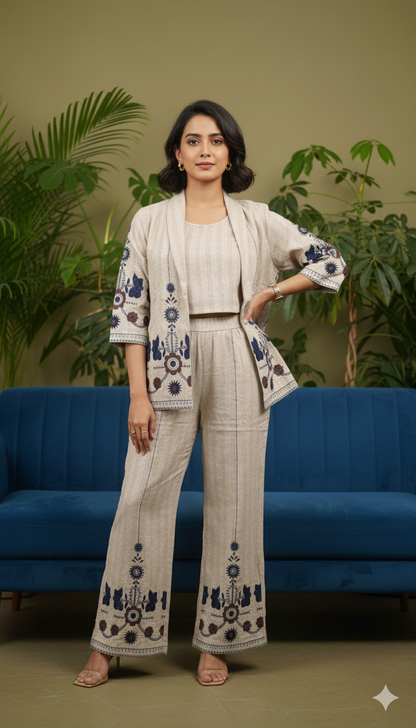 ✨ Elegant Beige 3-Piece Co-ord Set | Embroidered Jacket, Crop Top & Pants | Contemporary Ethnic Fusion
