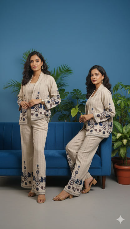 ✨ Elegant Beige 3-Piece Co-ord Set | Embroidered Jacket, Crop Top & Pants | Contemporary Ethnic Fusion