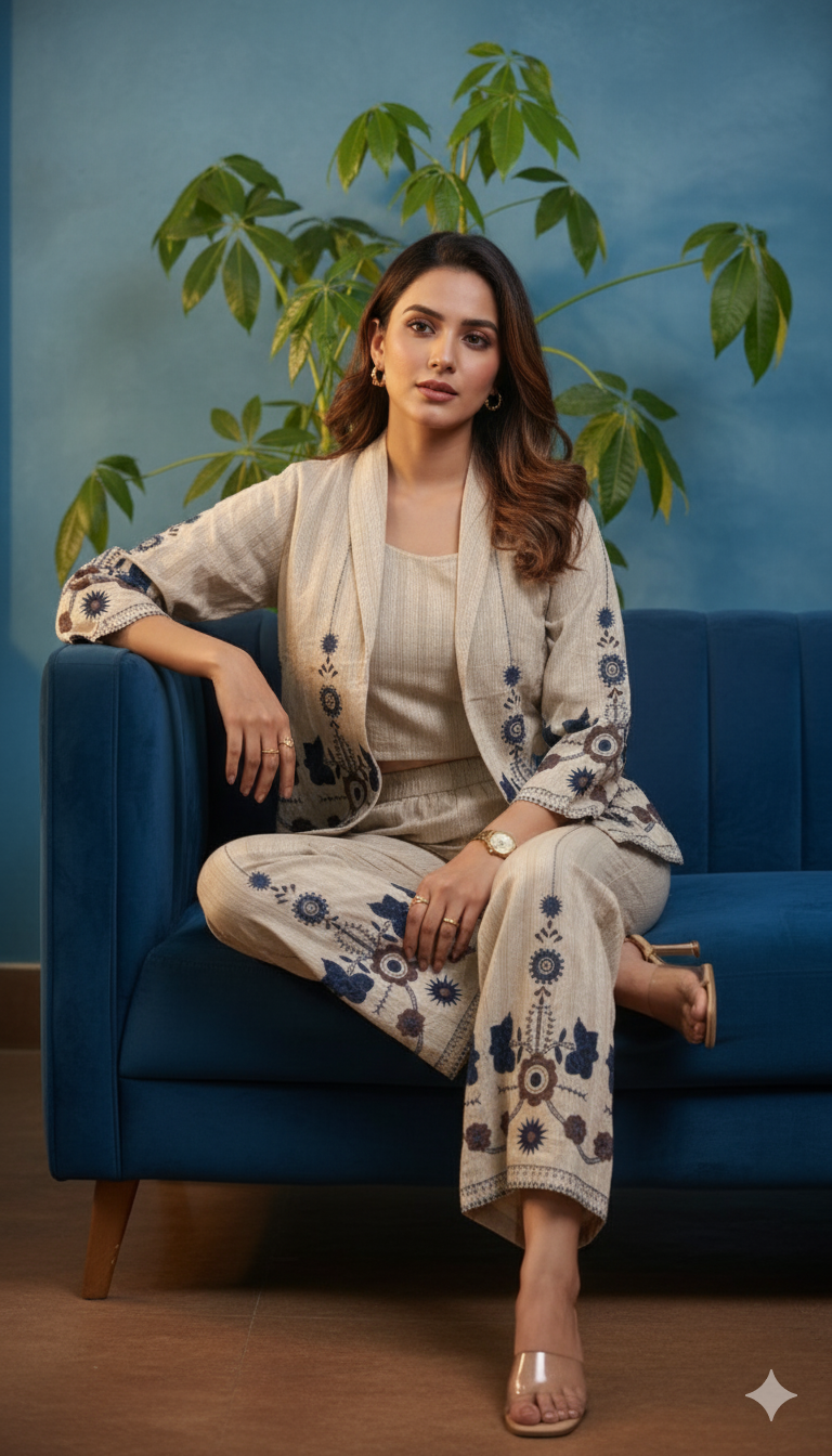 ✨ Elegant Beige 3-Piece Co-ord Set | Embroidered Jacket, Crop Top & Pants | Contemporary Ethnic Fusion