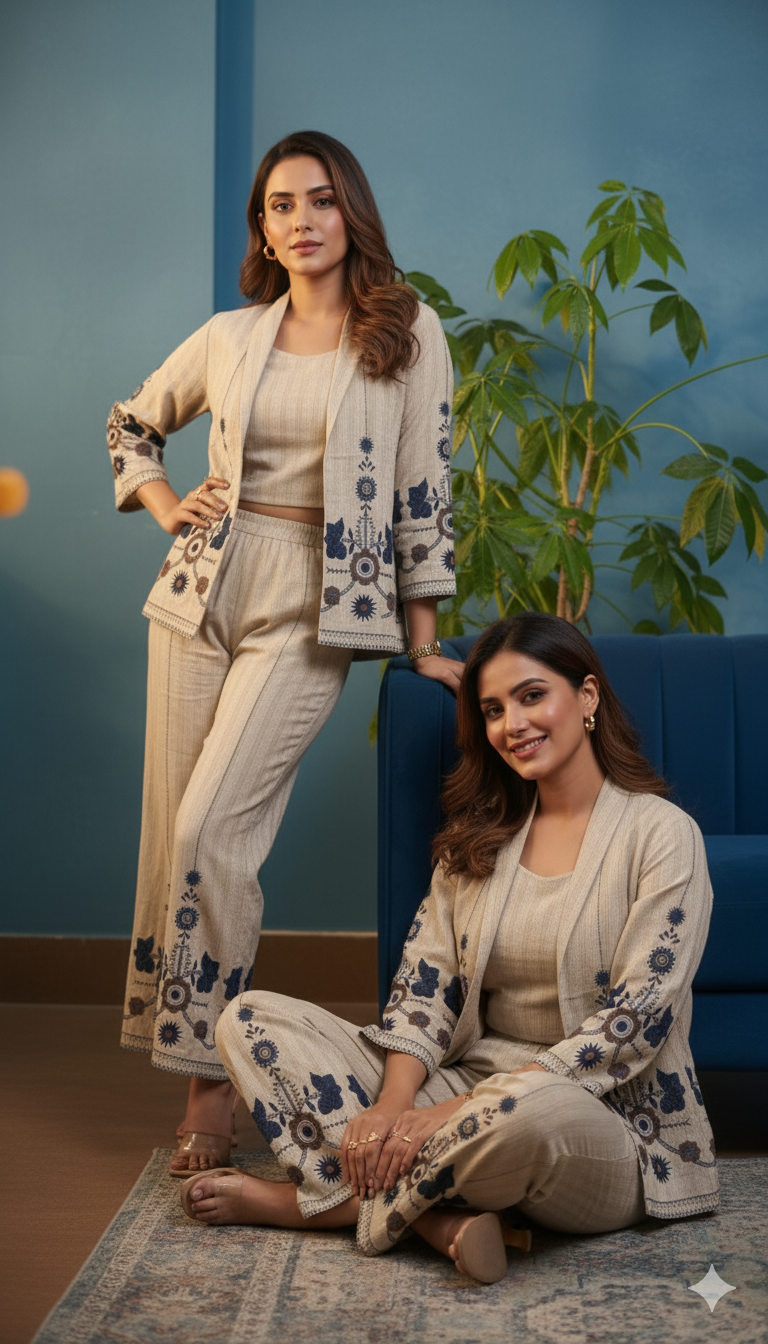 ✨ Elegant Beige 3-Piece Co-ord Set | Embroidered Jacket, Crop Top & Pants | Contemporary Ethnic Fusion