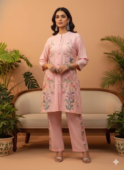 Kiara Pink Floral Embroidered Co-ord Set
