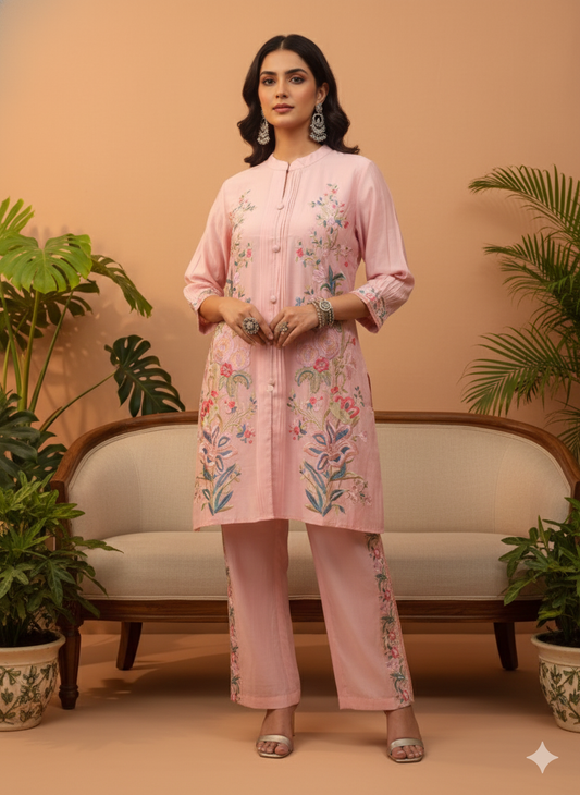 Kiara Pink Floral Embroidered Co-ord Set