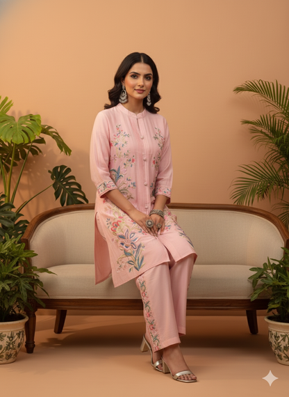Kiara Pink Floral Embroidered Co-ord Set