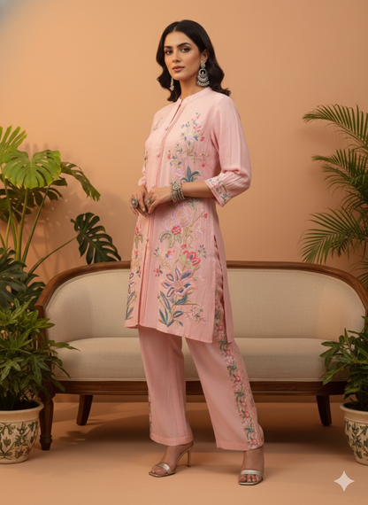 Kiara Pink Floral Embroidered Co-ord Set