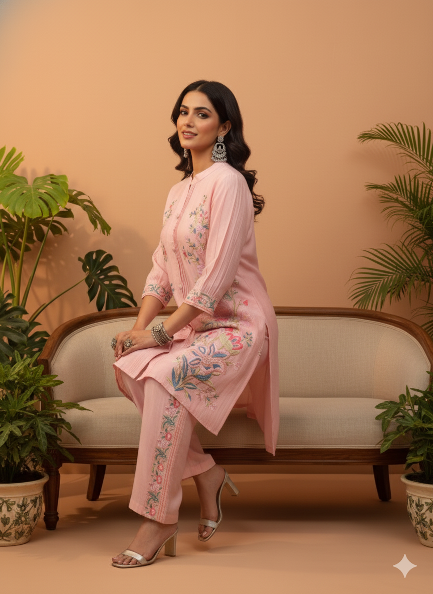 Kiara Pink Floral Embroidered Co-ord Set