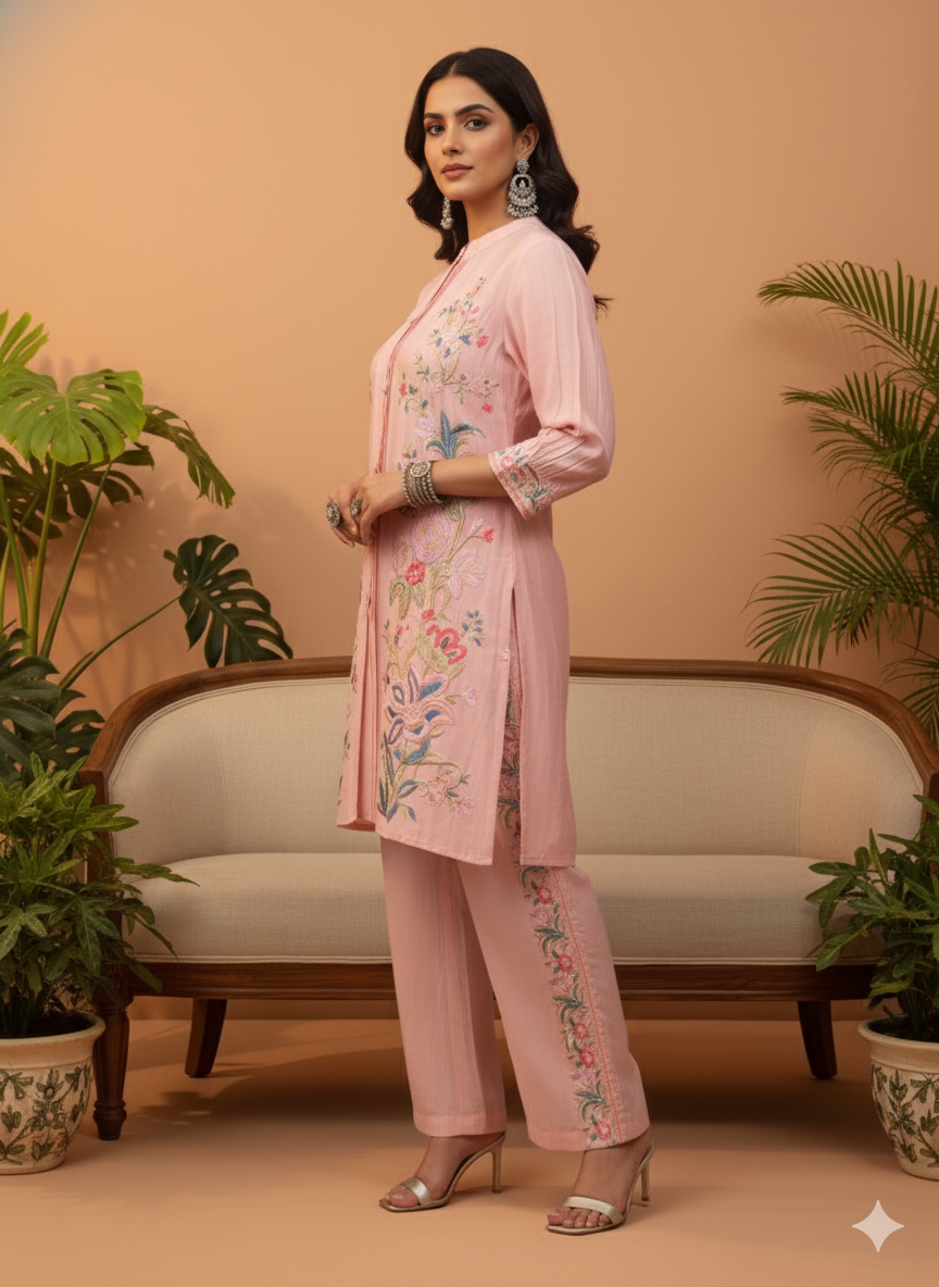 Kiara Pink Floral Embroidered Co-ord Set