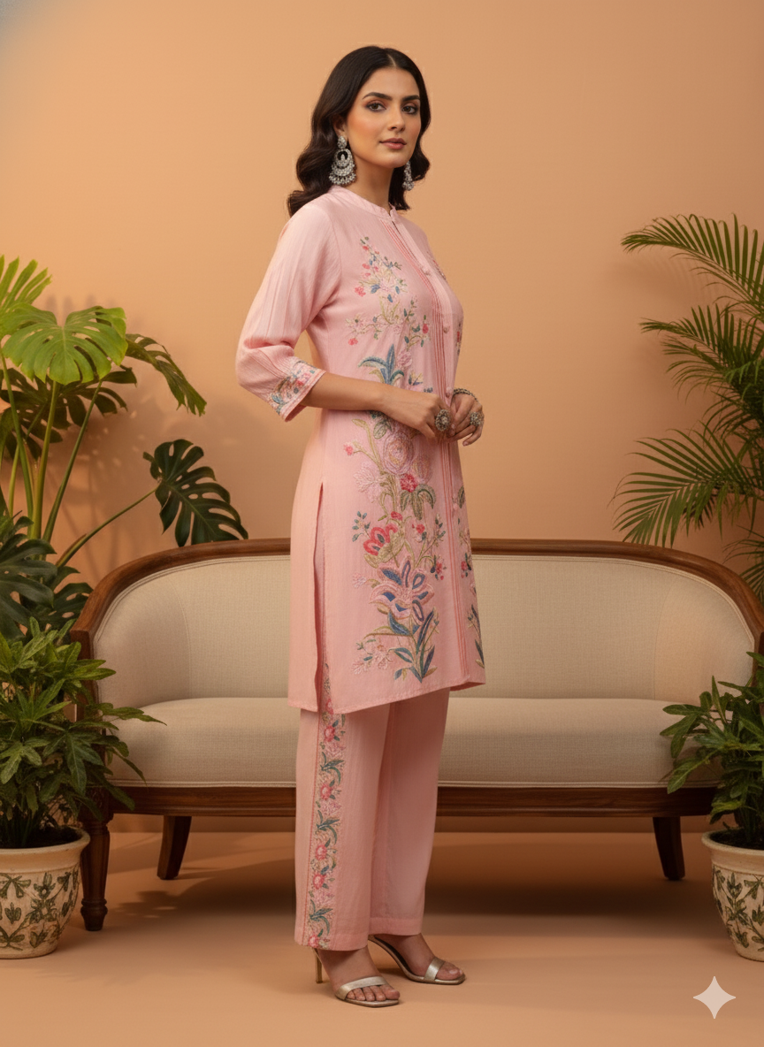 Kiara Pink Floral Embroidered Co-ord Set