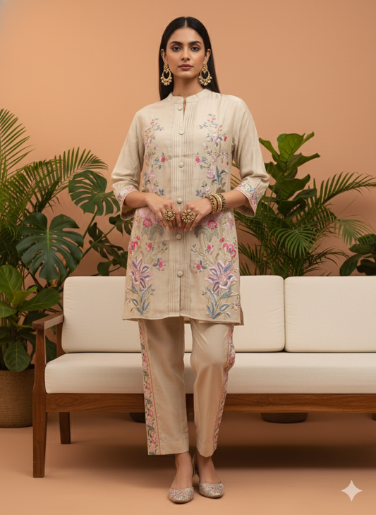 Kiara Beige Floral Embroidered Co-ord Set