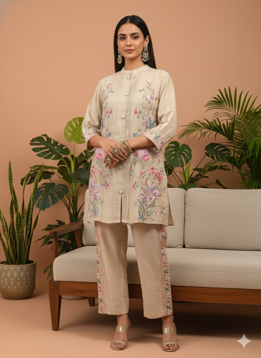 Kiara Beige Floral Embroidered Co-ord Set