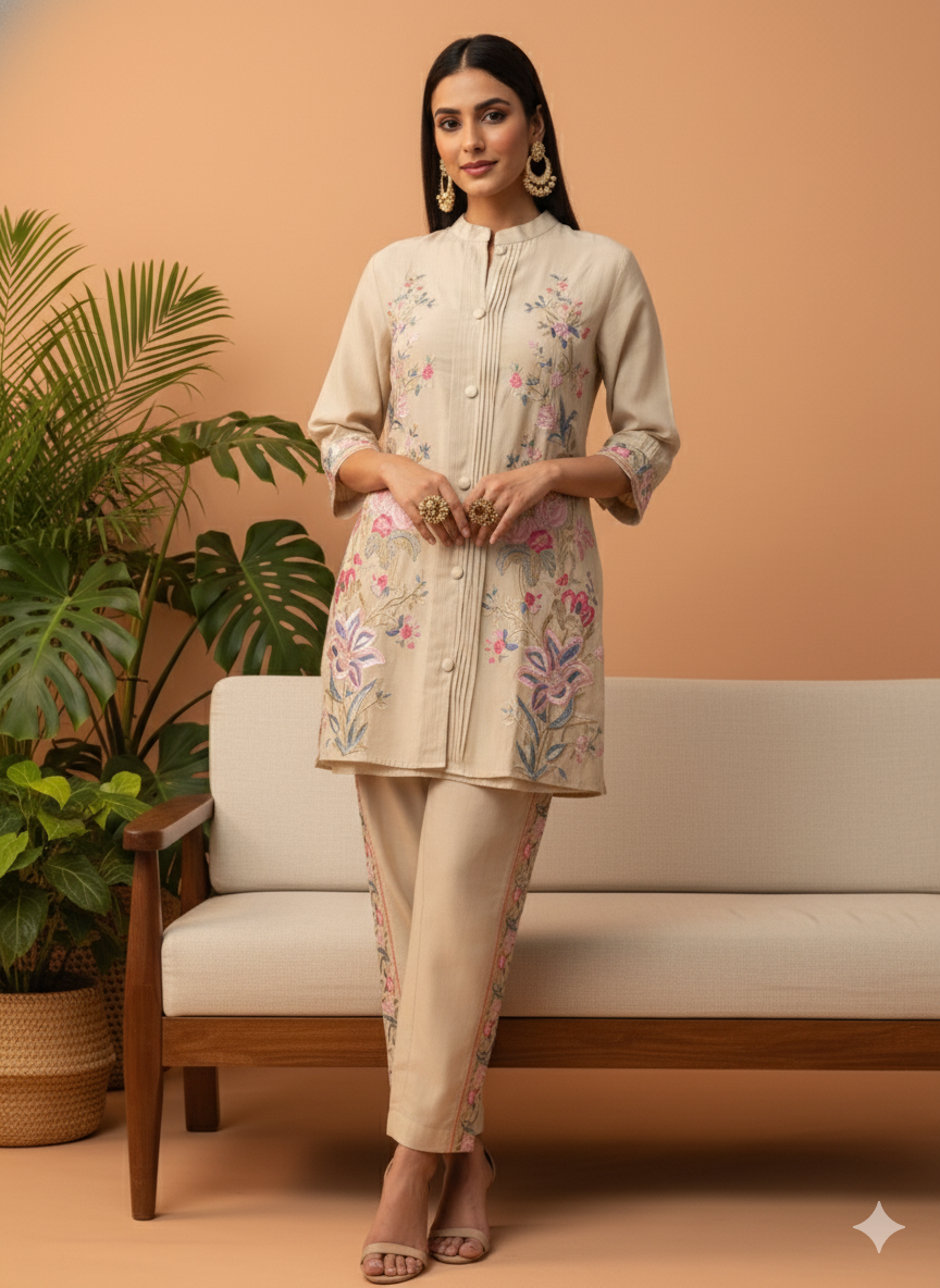 Kiara Beige Floral Embroidered Co-ord Set