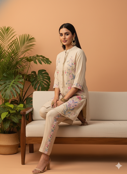 Kiara Beige Floral Embroidered Co-ord Set