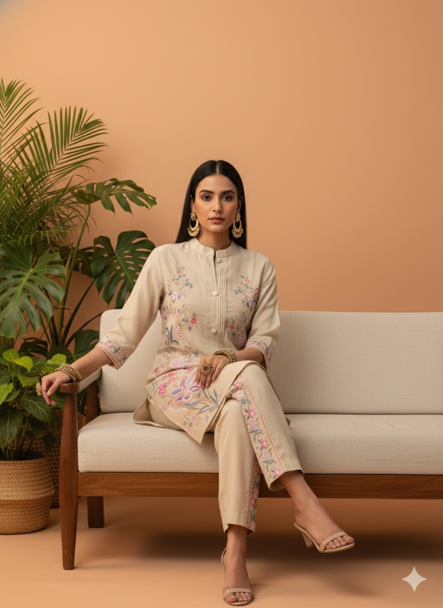 Kiara Beige Floral Embroidered Co-ord Set