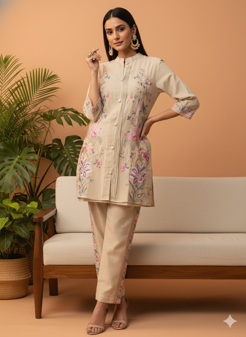 Kiara Beige Floral Embroidered Co-ord Set