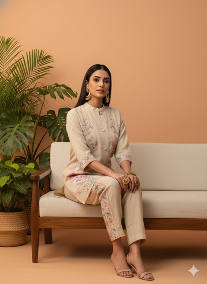 Kiara Beige Floral Embroidered Co-ord Set